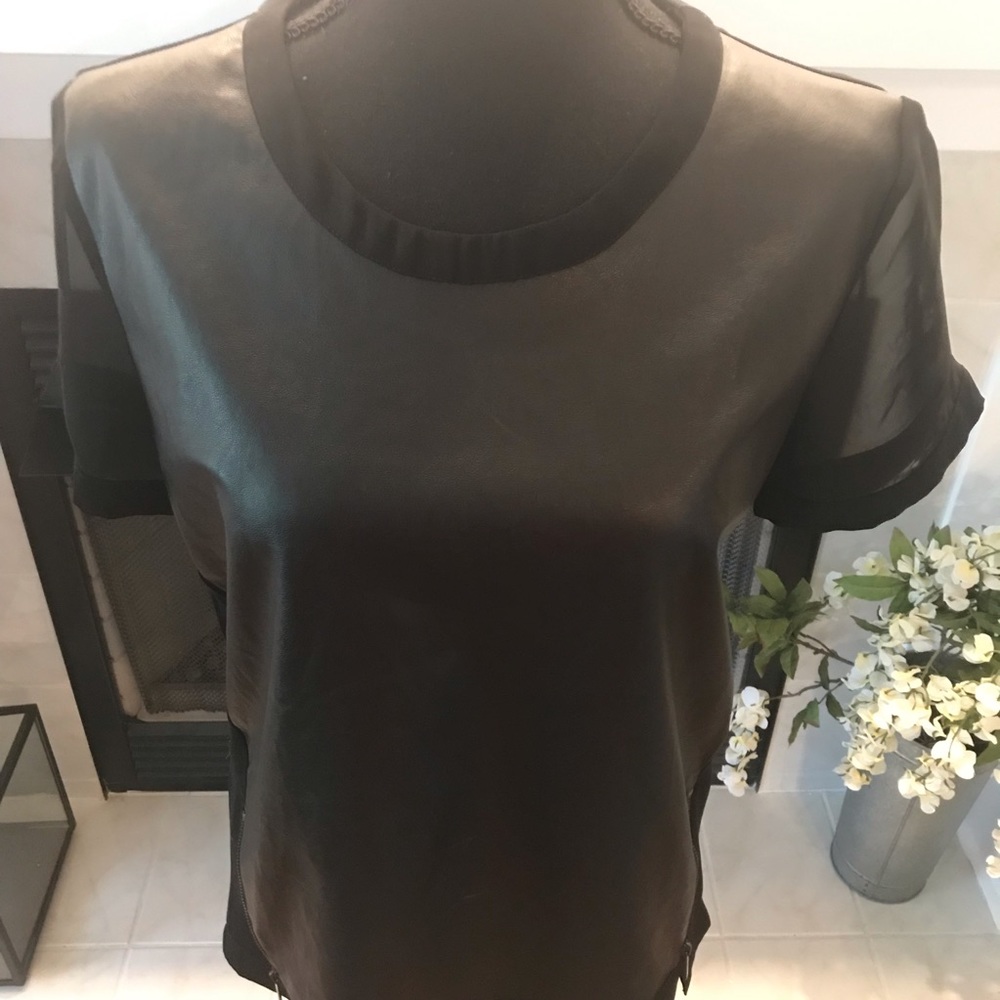 Calvin Klein Black Faux Leather Sheer XS Blouse